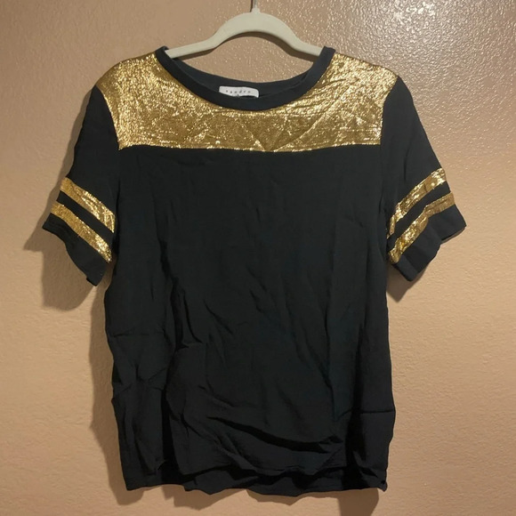 Sandro Metallic Gold and Black Varsity 90s Jersey Football Short Sleeve Top A1 - Picture 1 of 2